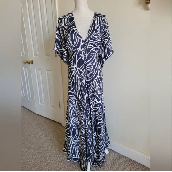 Anthropologie Short-Sleeve V-Neck Button-Front Midi Dress Navy Blue size 18W - Picture 3 of 7